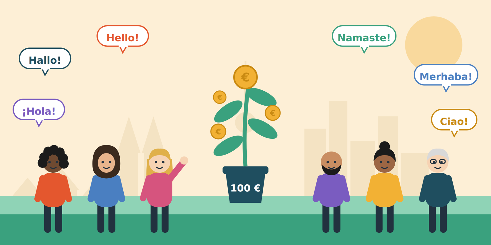 Six neighbours from different countries greet each other around a money plant growing from a 100 € pot